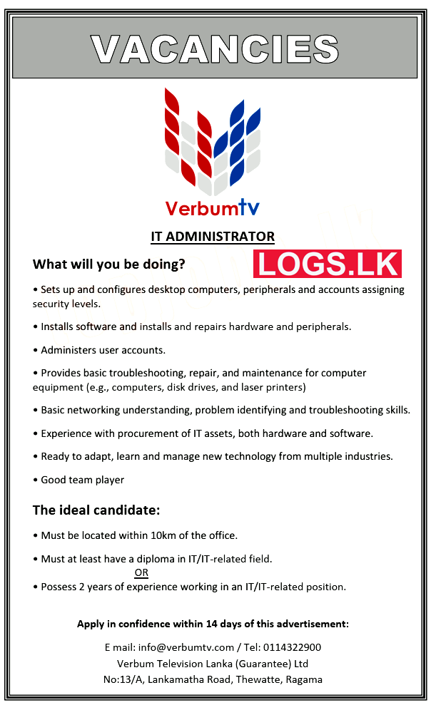 IT Administrator Job Vacancy At Verbum Television Sri Lanka   IT Administrator Job Vacancy At Verbum Television 